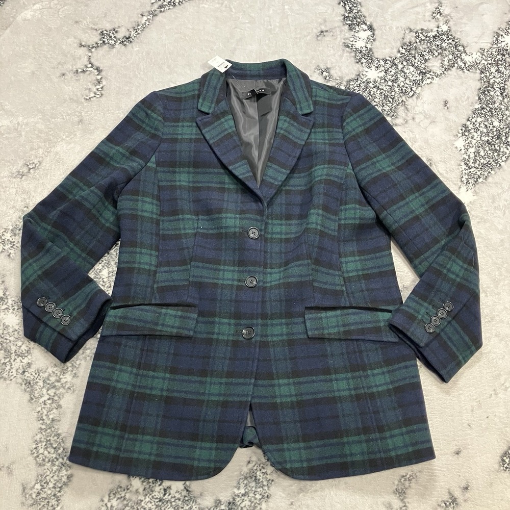 Talbots Plaid Blazer Womens Size 14 Green‎ Navy Tartan Wool Jacket NWT